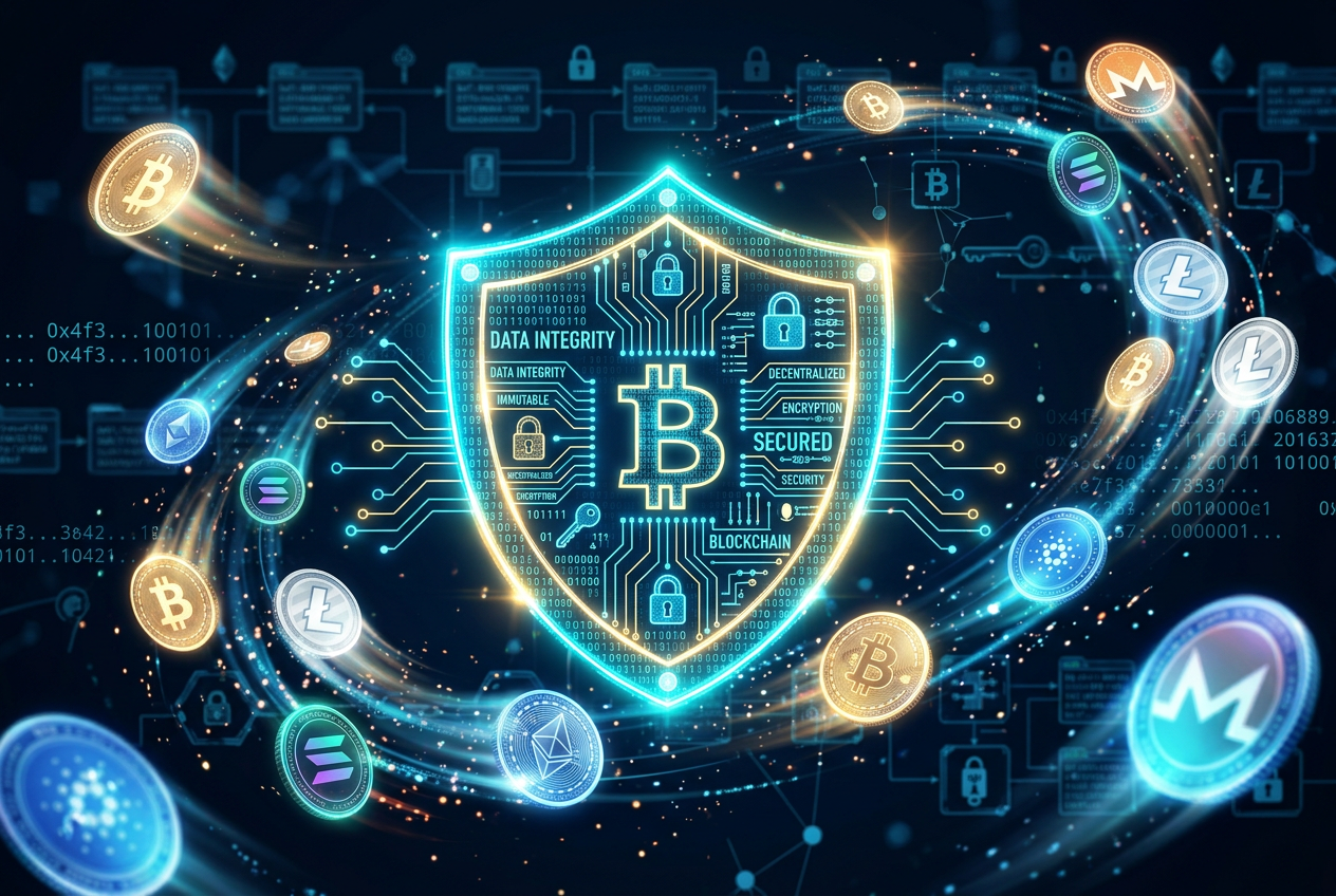 Abstraktní vizualizace bezpečnosti krypto plateb a rychlosti přenosu dat